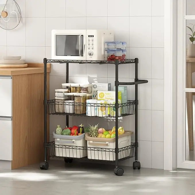 3 Tier Rolling Storage Cart, Adjustable Wire Storage Shelving Unit, Kitchen Cart On Wheels with Basket and Handle for Laundry Ba