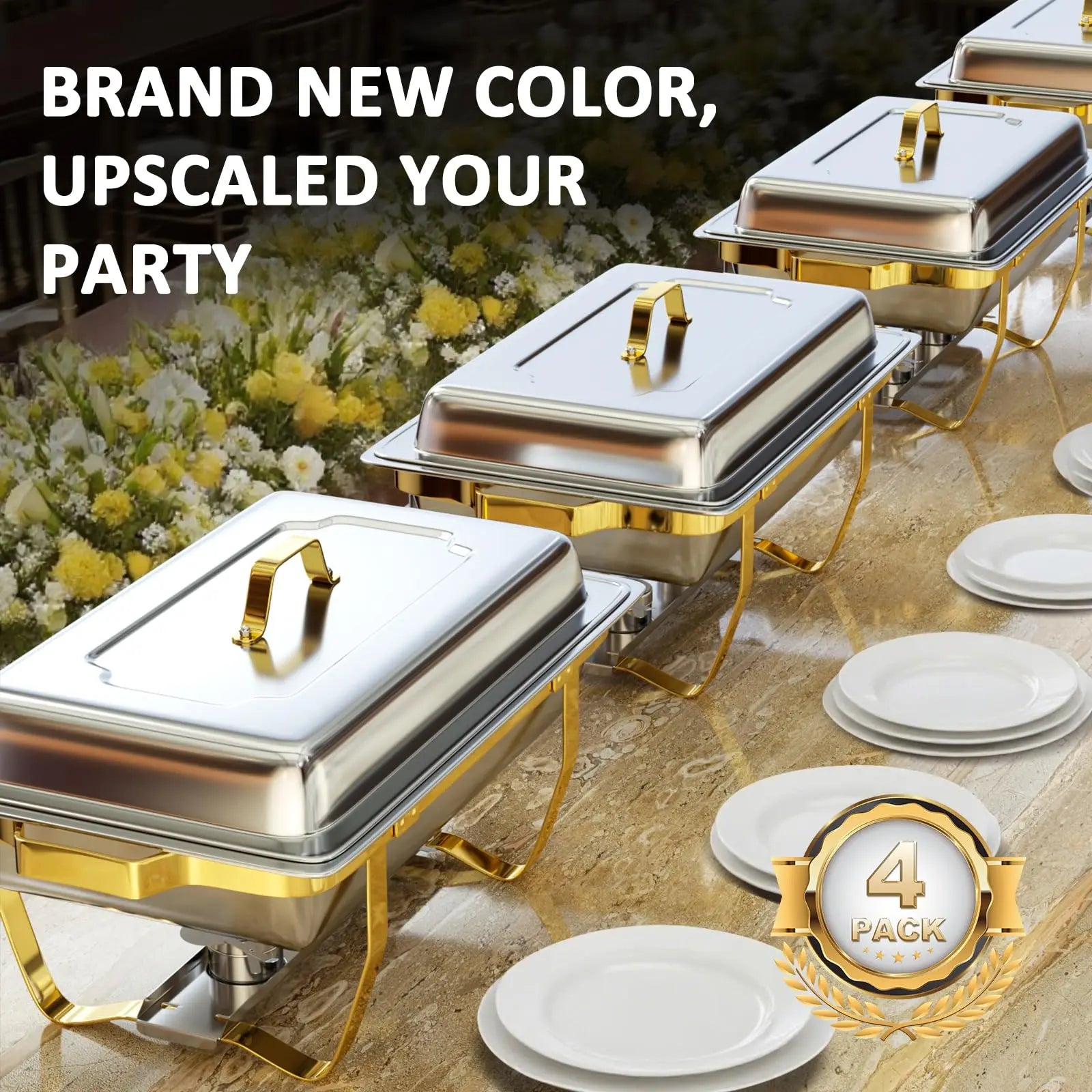Chafing Dishes for Buffet 4 Pack 7pan, 9QT [Elegant Gold and Silver Colors] Stainless Steel Chafing Dish Buffet Set [Sturdy and High Grade] Chafers and Buffet Warmers Sets