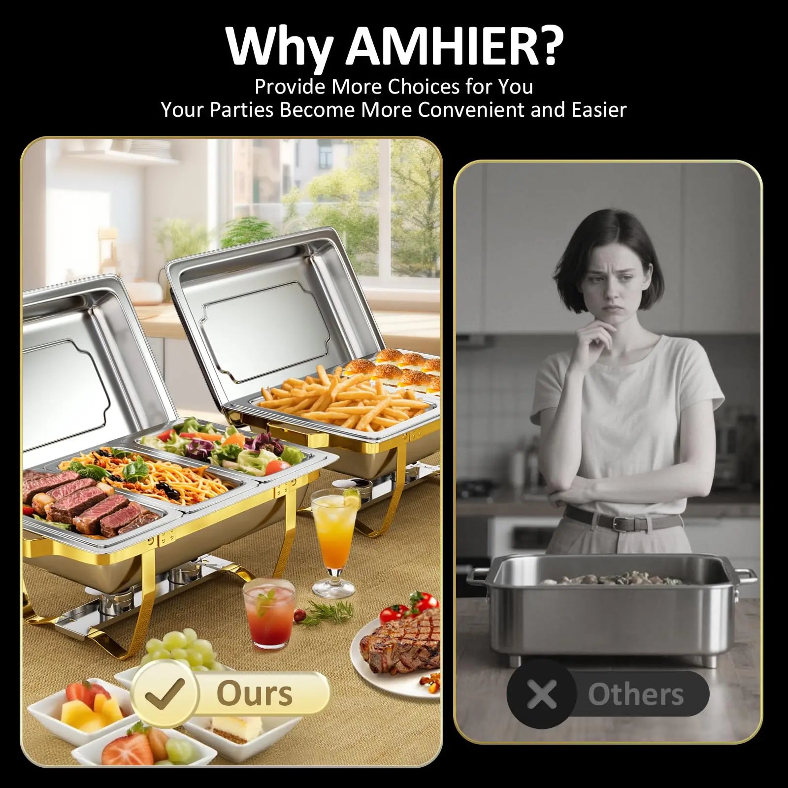 Chafing Dishes for Buffet 4 Pack 7pan, 9QT [Elegant Gold and Silver Colors] Stainless Steel Chafing Dish Buffet Set [Sturdy and High Grade] Chafers and Buffet Warmers Sets