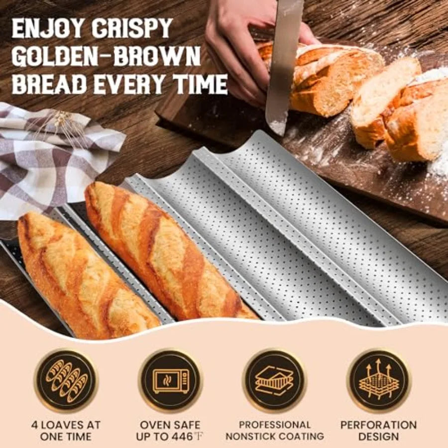 Baguette Bread Pan, Premium Nonstick Perforated Baguette Pan for French Bread Baking, 4 Loaves Baguette Baking Tray for Sourdou