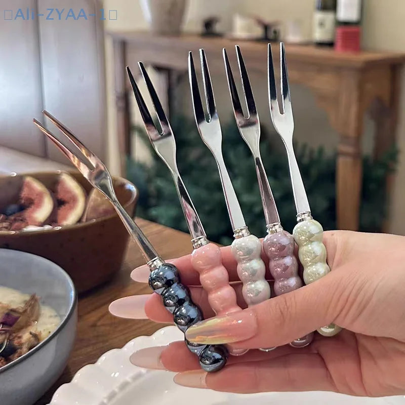 【ZYAA-1】3Pcs Stainless Steel Dinner Fork Long Handle Table Forks Set Korean Cutlery Four Tine Salad Dessert Fruit Forks Kitchen