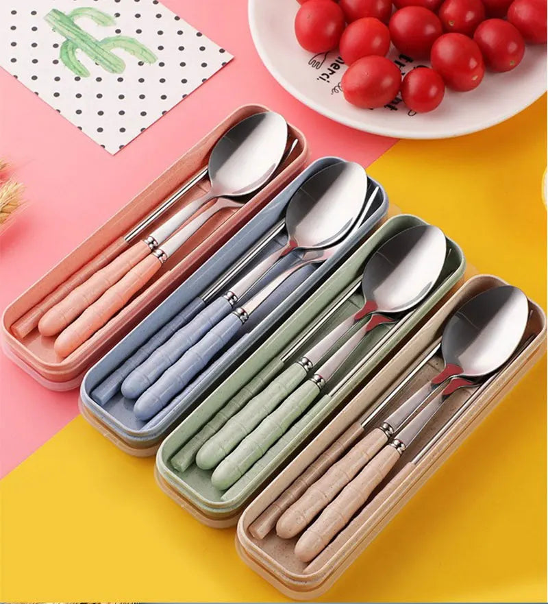 3pcs Set Stainless Steel Portable Fork Spoon Chopstick Student Cutlery Set with Box Travelling Dinnerware Set