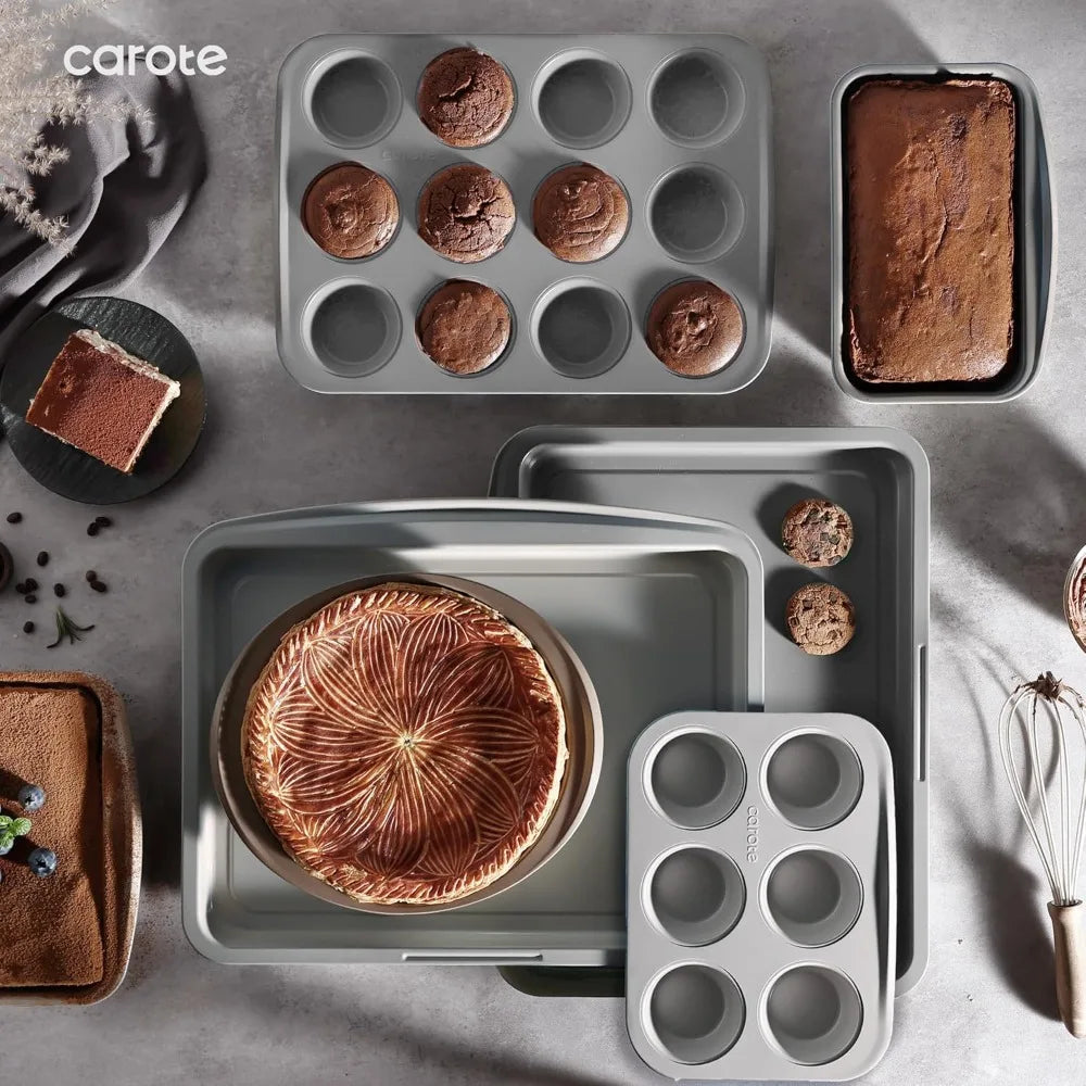 7-Piece Nonstick Baking Pans Set - Stackable Bakeware with Cookie Sheet, Muffin Pan, Loaf Pan, Cake Pan, Roasting Pan, Gray & Blue