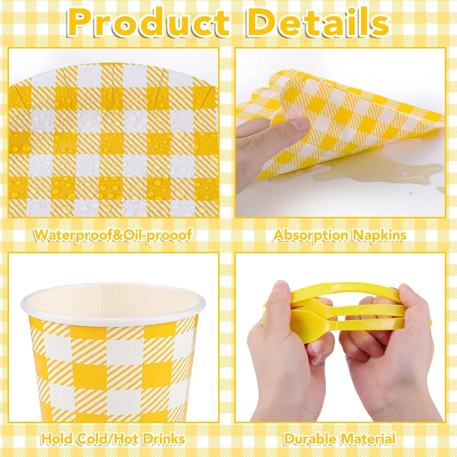 175 Pc Yellow Gingham Party Set: Plates, Napkins, Cups & Cutlery for Easter, Picnic, Baby Shower