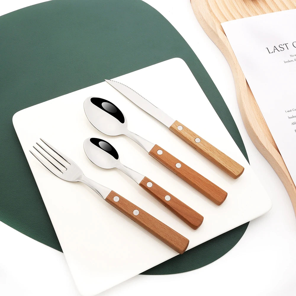 12Pcs Natural Wood Handle Silver Forks Cutlery Set Stainless Steel Flatware Dinner Fork Dinnerware Home Kitchen Silverware Set