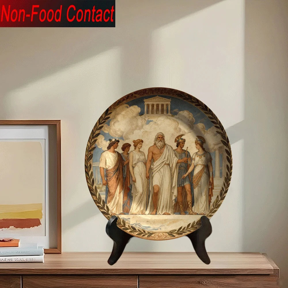 1pc Greek Mythology Ceramic Decorative Plate - Non-Food Contact, Classic Round Tabletop Art with Zeus, Athena, Poseidon, Hera,