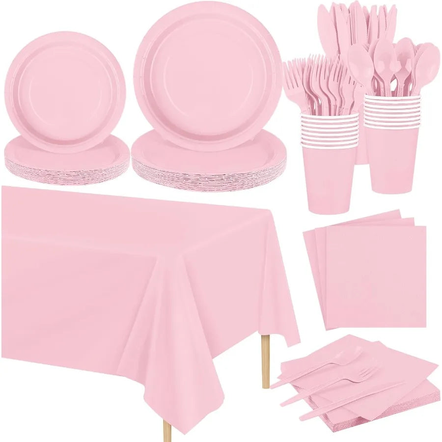 169 Pieces Light Pink Party Supplies Disposable Dinnerware Set with Plates Cups Napkins Plastic Cutlery and Tablecloth for Eleg