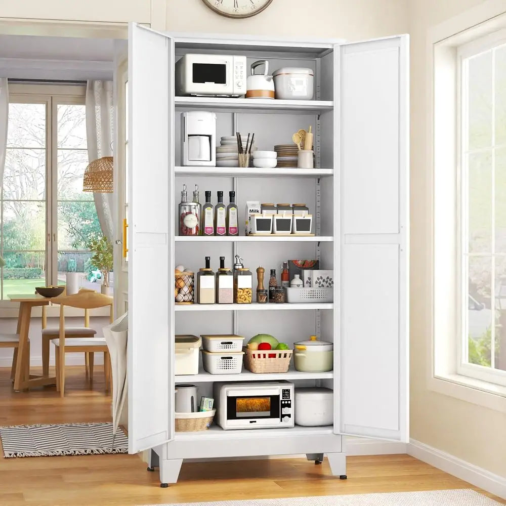 75.2" Tall Metal Kitchen Pantry Storage Cabiwith 2 Door and 5 Adjustable Shelves, Cupboard or Kitchen, Dining Room, Living Room