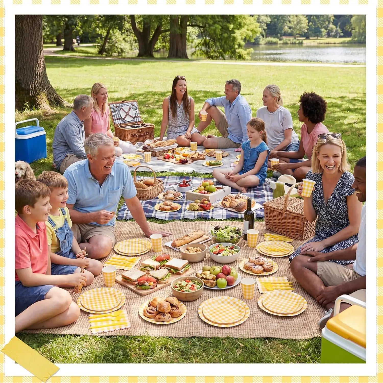 175 Pc Yellow Gingham Party Set: Plates, Napkins, Cups & Cutlery for Easter, Picnic, Baby Shower