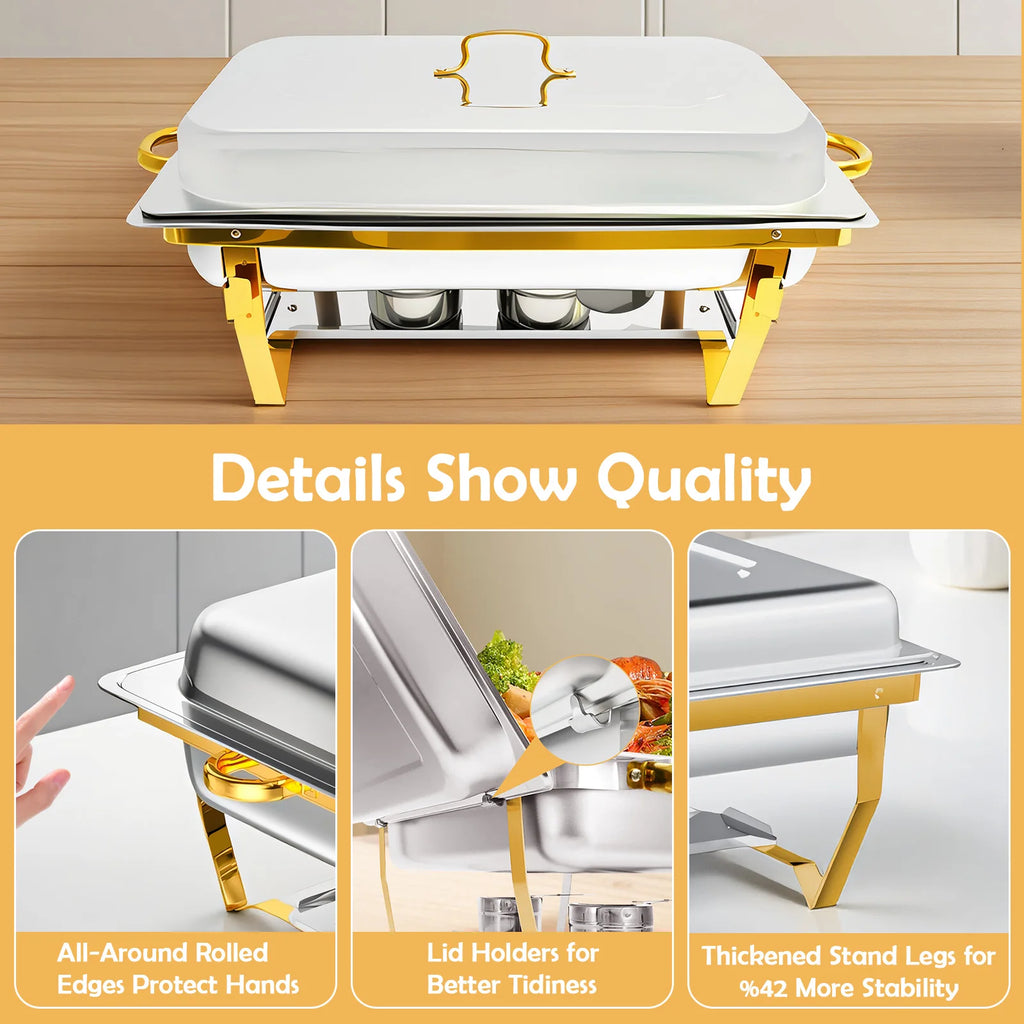 Chafing Dish Set Buffet Warmer Stainless Steel 316 Full Size Rectangular Semi-Gold-Plated Hotel Catering Parties Weddings