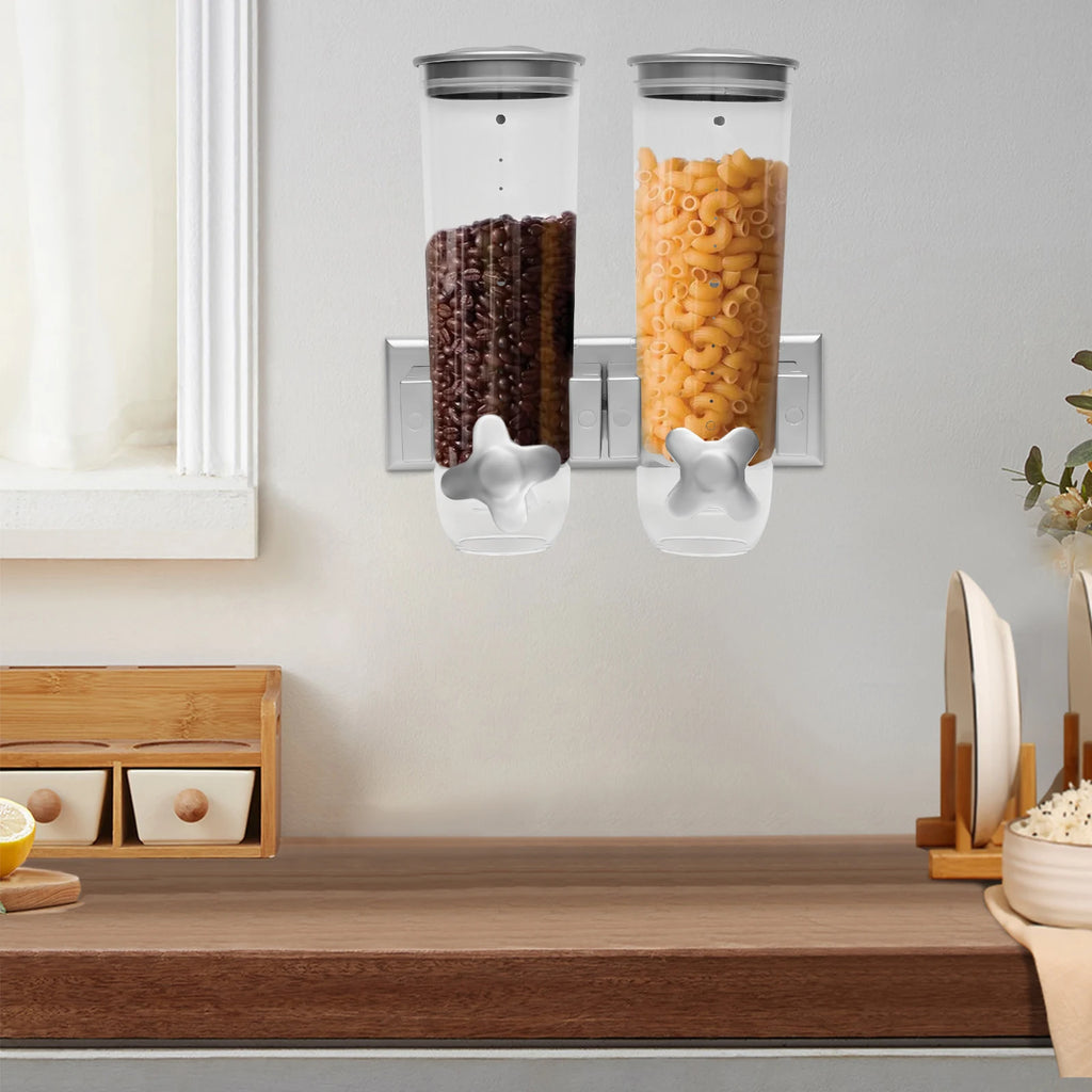 Wall Mount Food Dispenser 3L Dual-Bucket Dry Food Storage Portion Control for Rice Grains Space-Saving Kitchen Organizer