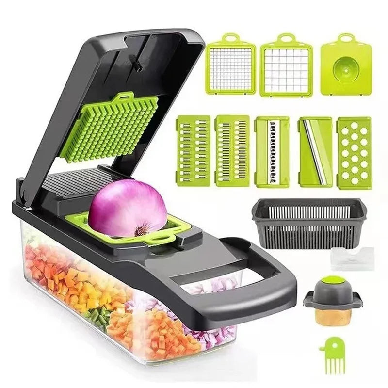 Luxury Vegetable Cutter - Multiple Accessories (Blades/Brush/Basket), All-in-One Kitchen Prep, Single Piece