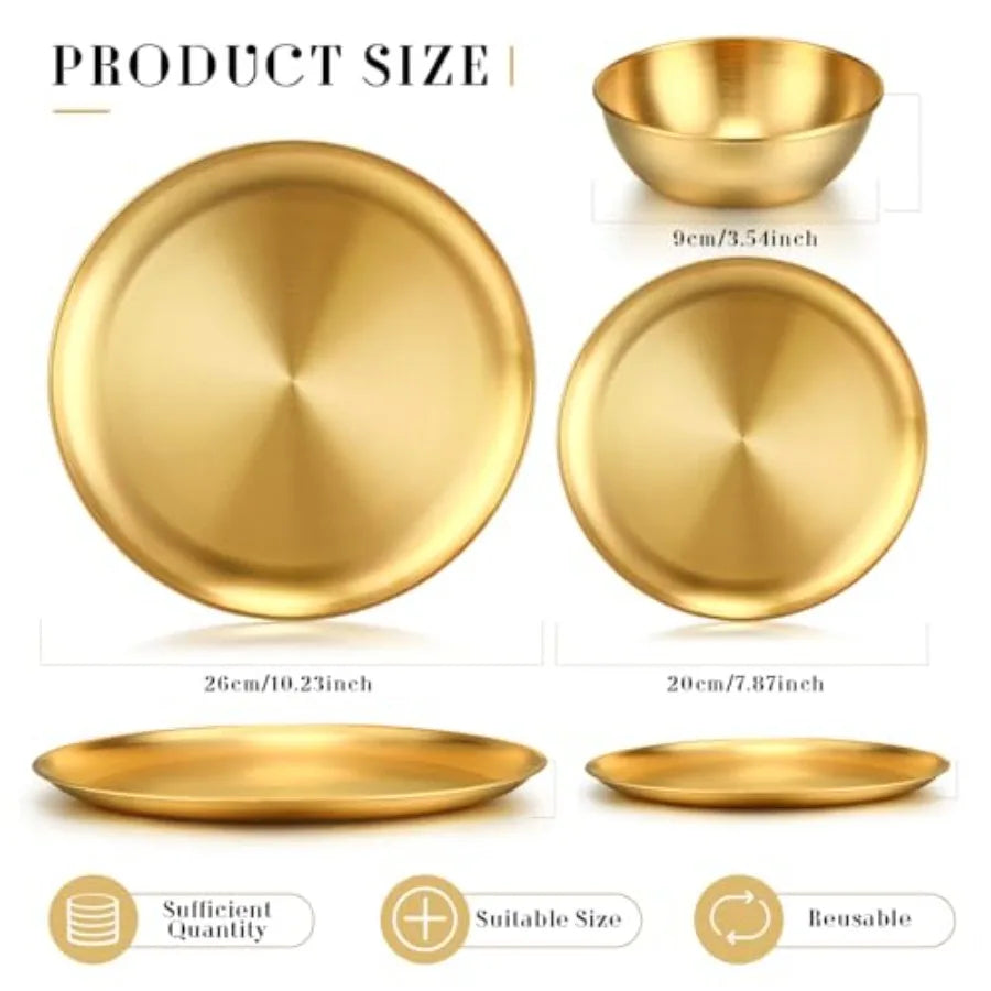 18 Pcs Gold Stainless Steel Dinnerware Set 10'' Metal Gold Dinner Plates 8'' Thickened Dinner Dishes 3.5'' Sauce Bowls Stackabl