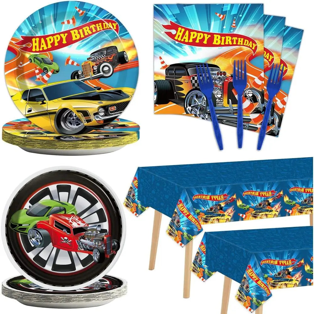 98 Pieces Racing Car Party Decorations for 24 Guests Hot Car Tableware Set Racing Car Plates Napkins Tablecloth Party Supplies K