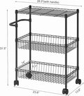 3 Tier Rolling Storage Cart, Adjustable Wire Storage Shelving Unit, Kitchen Cart On Wheels with Basket and Handle for Laundry Ba