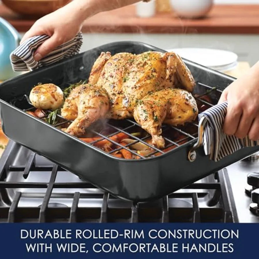 Bakeware Nonstick Roaster/Roasting Pan with Reversible Rack 16.5 Inch x 13.5 Inch Gray