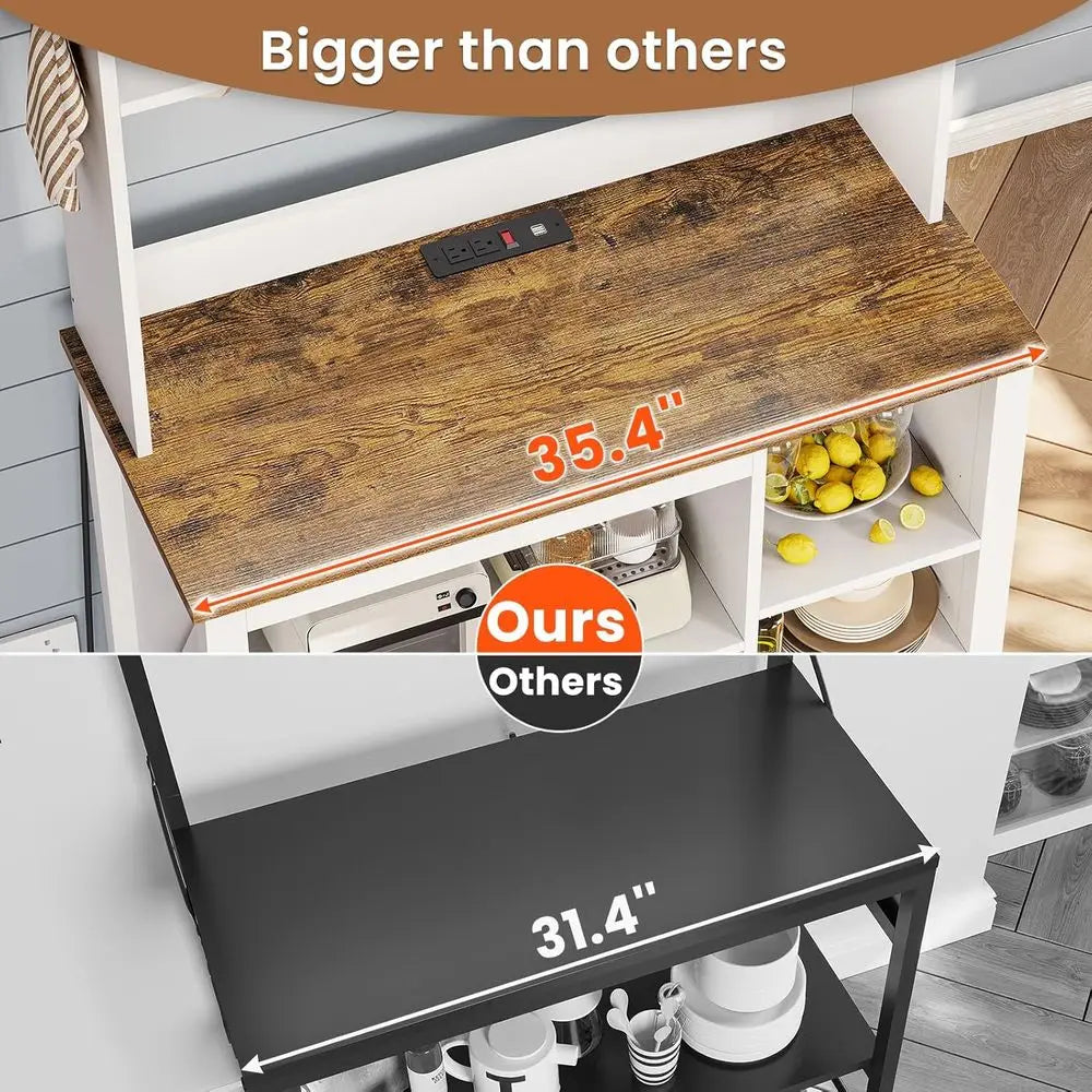35.4 inch Bakers Rack with Power Outlet and Storage, armhouse Coee Bar Cabinet, Microwave Stand Kitchen Cabinet with Hutch, LED