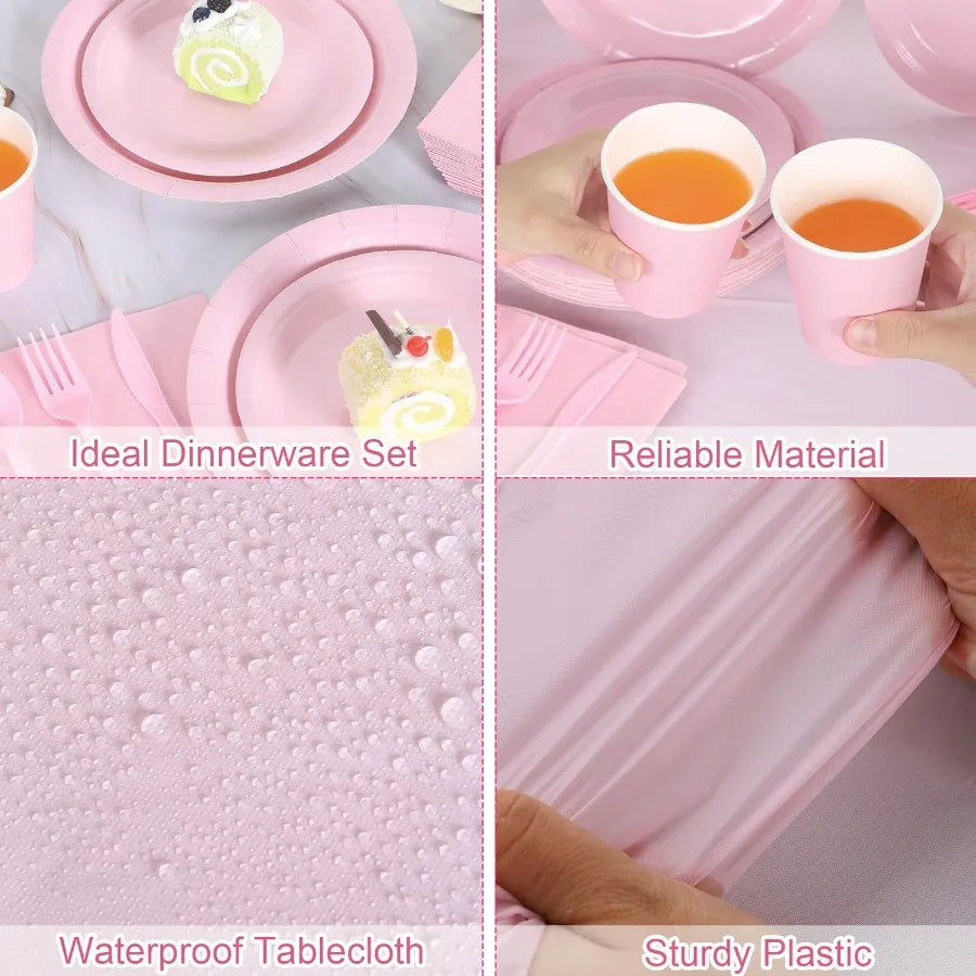 169 Pieces Light Pink Party Supplies Disposable Dinnerware Set with Plates Cups Napkins Plastic Cutlery and Tablecloth for Eleg