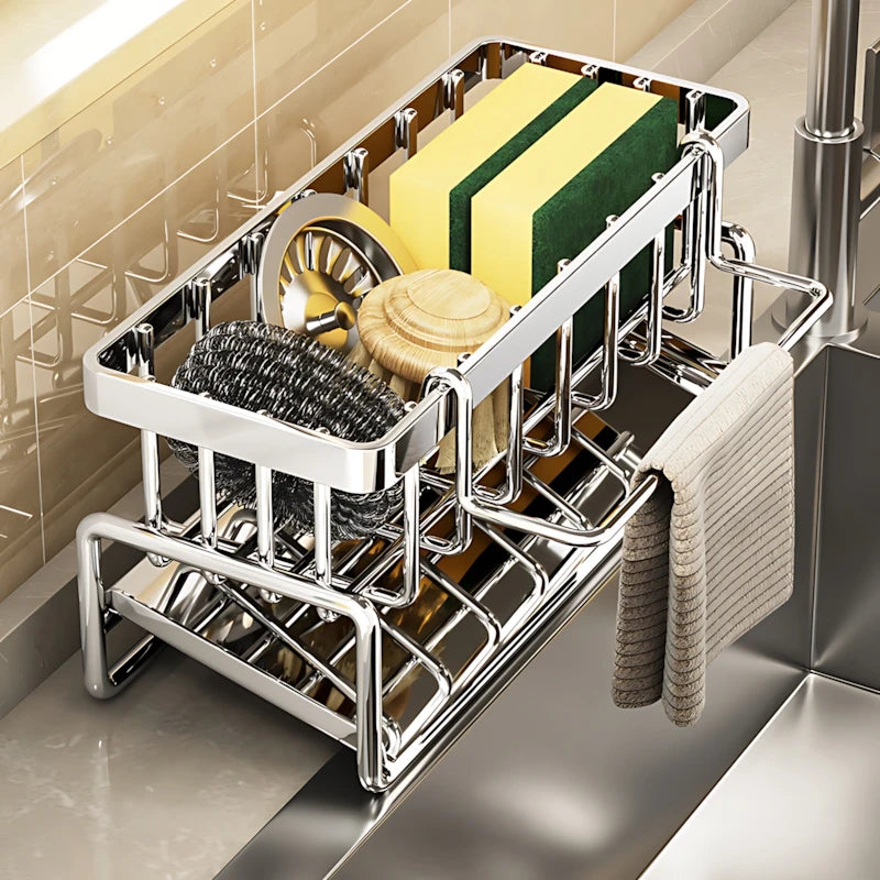 Stainless Steel Kitchen Sink Organizer: 24cm/12cm/10cm Drainage Rack for Cleaning Supplies & Sponge Storage
