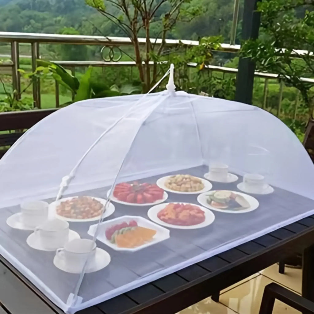 Large pop-up white mesh food cover tent - foldable and washable, suitable for outdoor picnics, barbecues, and parties