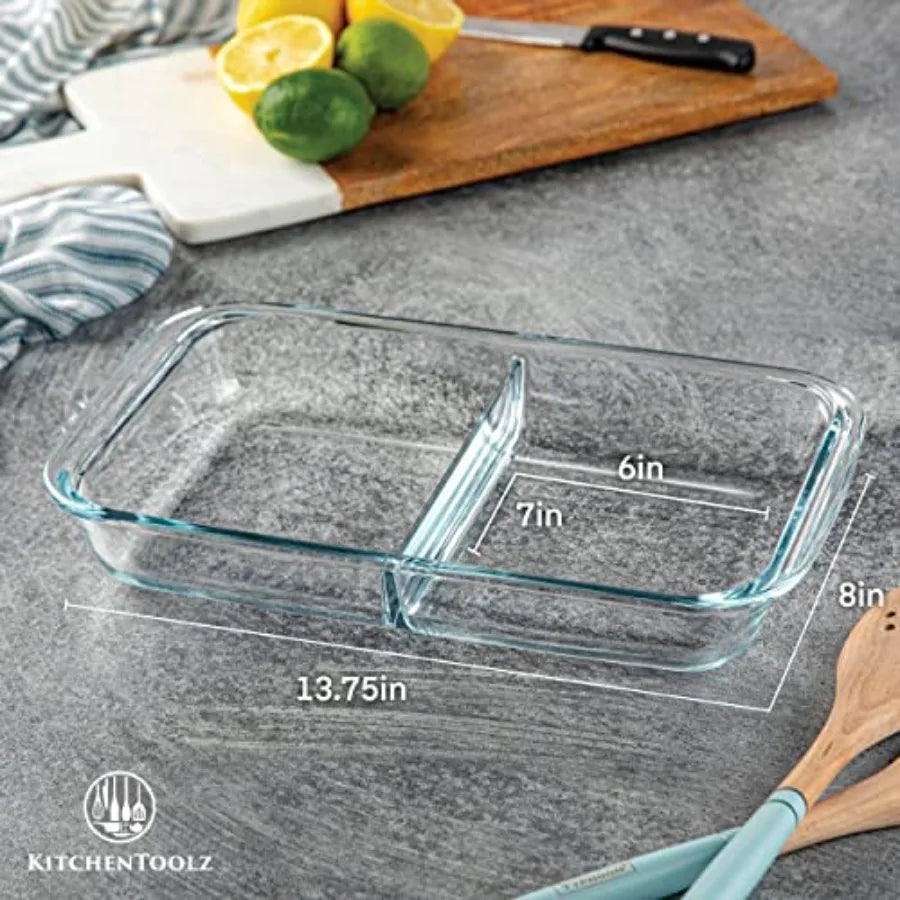 Divided Glass Casserole Baking Dish, Rectangular Bakeware Set 2.3 Qt Each, Oven to Table Clear Glass Lasagna Pan with Divider-2