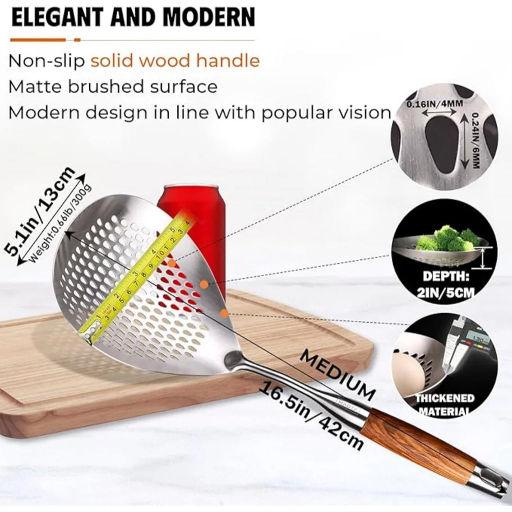 Premium Stainless Steel Skimmer Spoon - Large Size, Wooden Handle, Non-Slip Grip for Pasta, Dumplings & Kitchen Frying