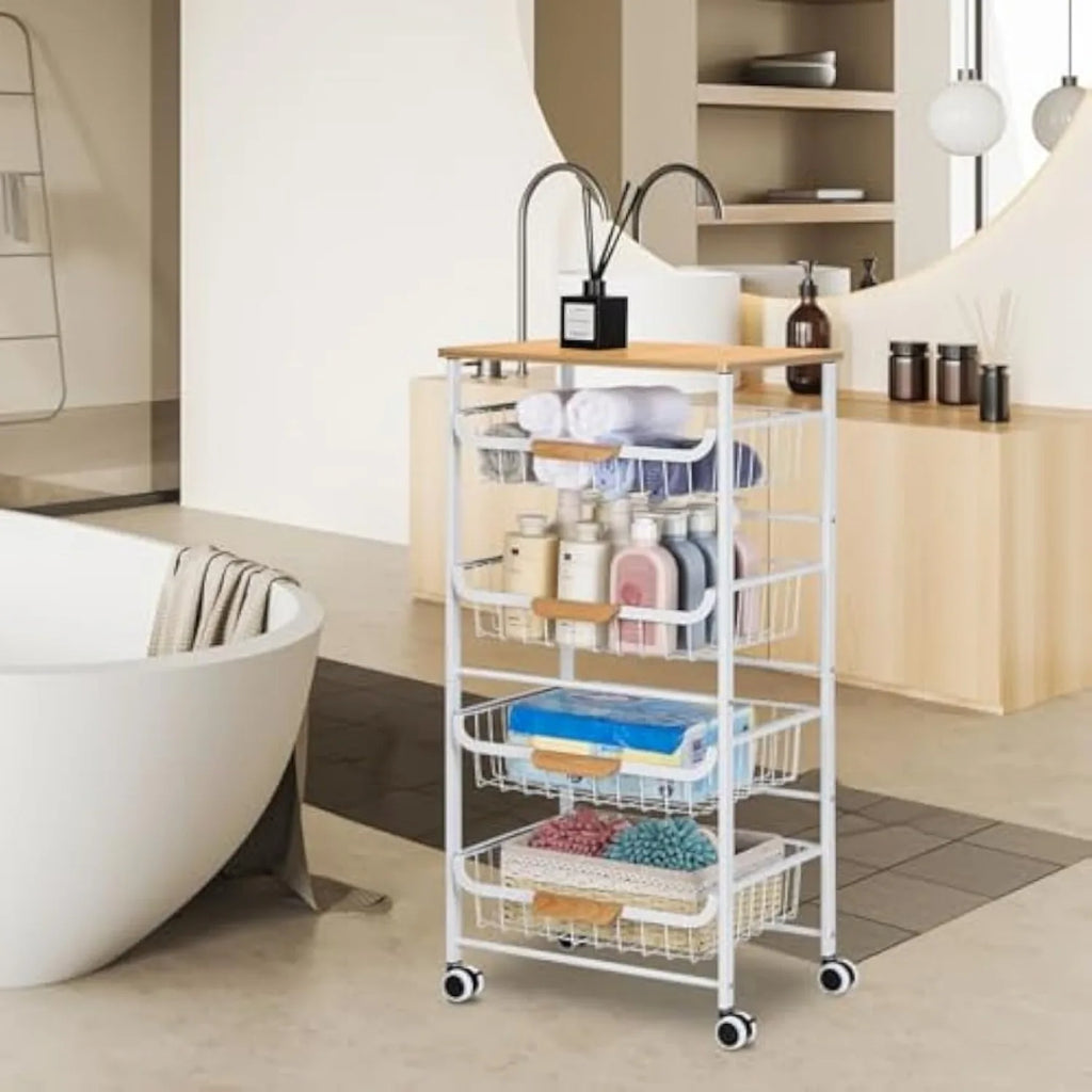 5-Tier Metal Rolling Cart with Wheels - Multi-Purpose Storage for Kitchen/Bathroom/Living Room/Office, White
