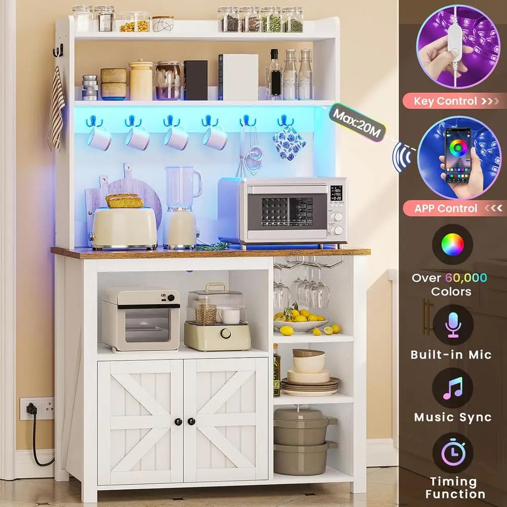 35.4 inch Bakers Rack with Power Outlet and Storage, armhouse Coee Bar Cabinet, Microwave Stand Kitchen Cabinet with Hutch, LED
