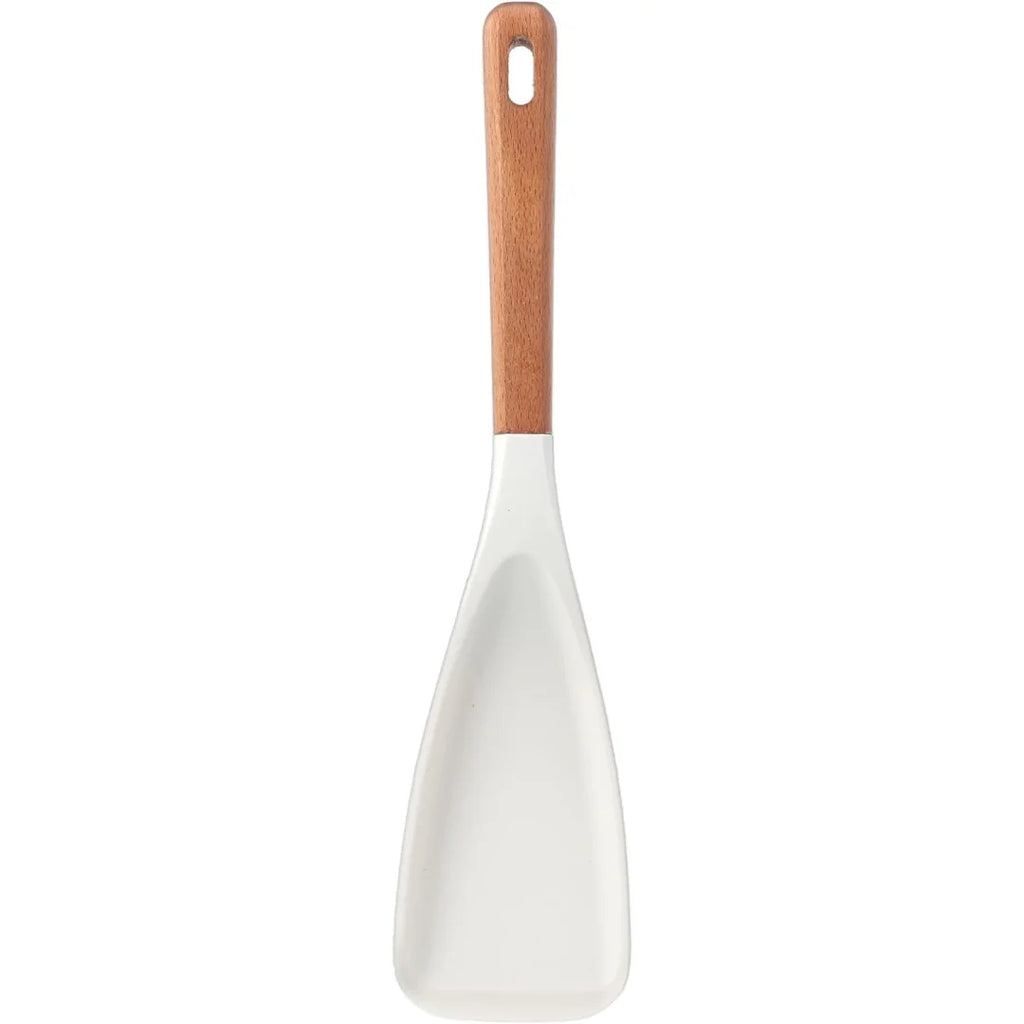 Kitchen Silicone Spatula – White Non-Slip Head + Natural Wood Handle | Anti-Scald, Ergonomic & Easy to Grip for Stir-Frying & Mixing