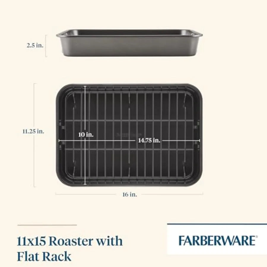 Bakeware Nonstick Steel Roaster with Flat Rack, 11-Inch x 15-Inch