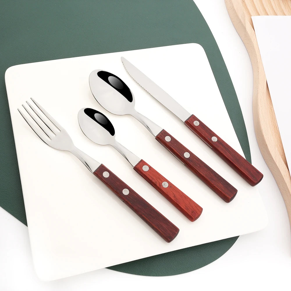 12Pcs Natural Wood Handle Silver Forks Cutlery Set Stainless Steel Flatware Dinner Fork Dinnerware Home Kitchen Silverware Set