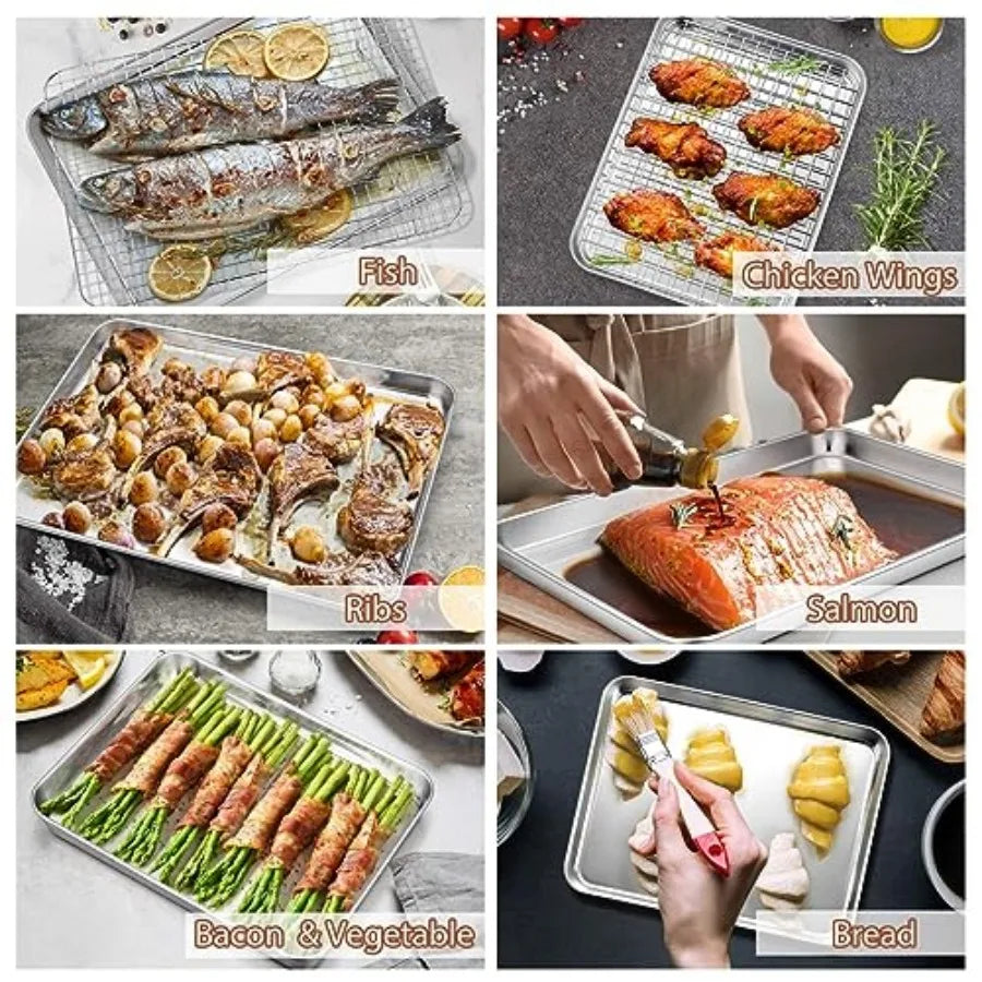 16 + 12.5 + 10.4 + 9 Inch Baking Sheet and Rack Set 8Pcs Stainless Steel Cookie Sheets Oven Baking Trays Cooling Racks for Cook
