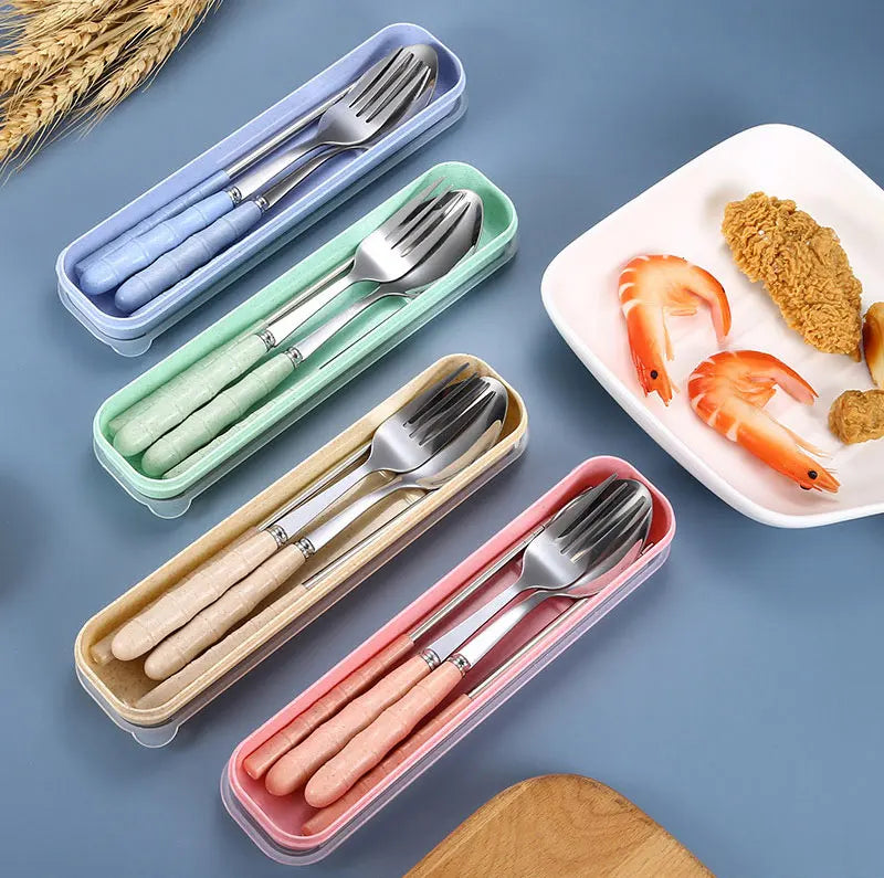 3pcs Set Stainless Steel Portable Fork Spoon Chopstick Student Cutlery Set with Box Travelling Dinnerware Set