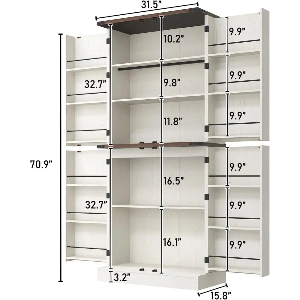 armhouse Kitchen Pantry Cabinet, 71" Tall Storage Cabinet with Adjustable Shelves & 4 Barn Do& Der, Rustic Wood Cupboard or Kitc