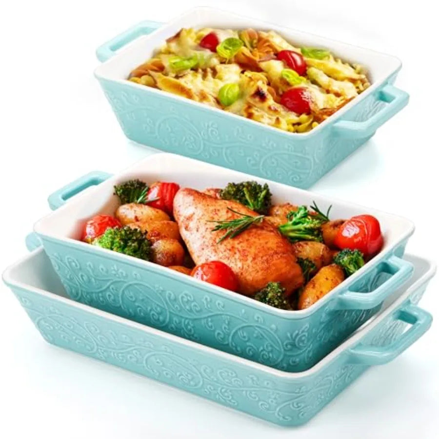 Set of 3 Casserole Dishes for Oven, Ceramic Baking Dishes with Handles, Rectangular Lasagna Pan Bakeware Set for Baking Cooking