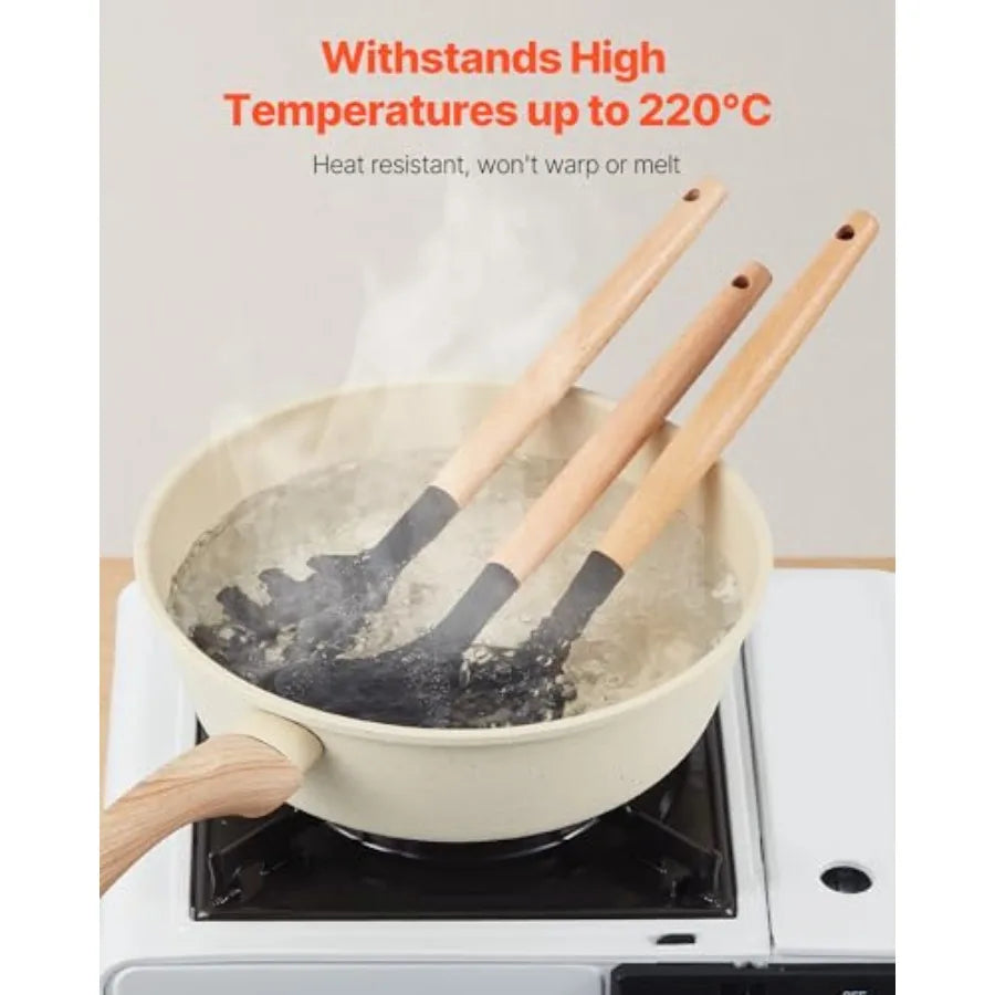 Kitchen Cooking Utensils Set 50 PCS Silicone Spatula Set with Holder 428°F Heat Resistant Gadget Spoons Tools Wooden Handle Hom