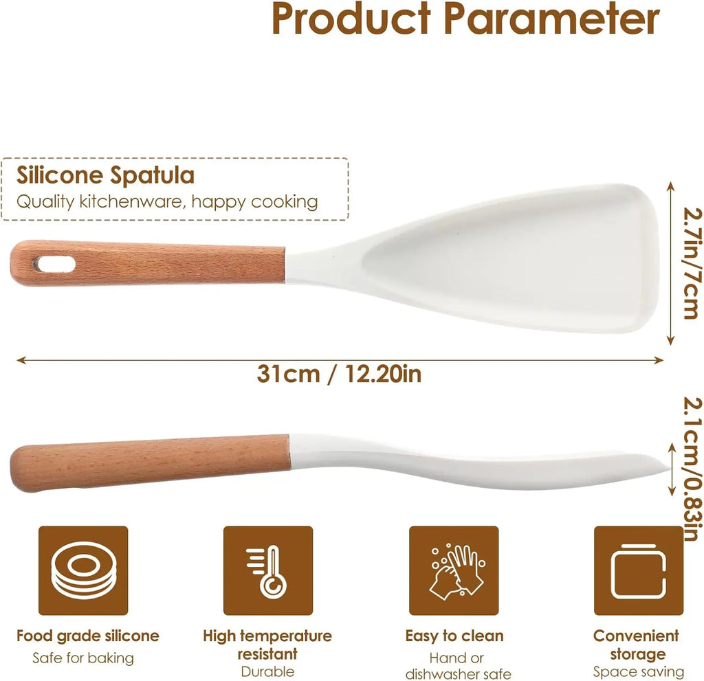 Kitchen Silicone Spatula – White Non-Slip Head + Natural Wood Handle | Anti-Scald, Ergonomic & Easy to Grip for Stir-Frying & Mixing