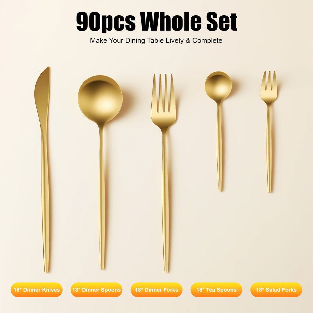 90 Pcs Gold Flatware Set Stainless Steel Dinnerware Cutlery Set for Wedding Party Restaurant Household Dishwasher Safe