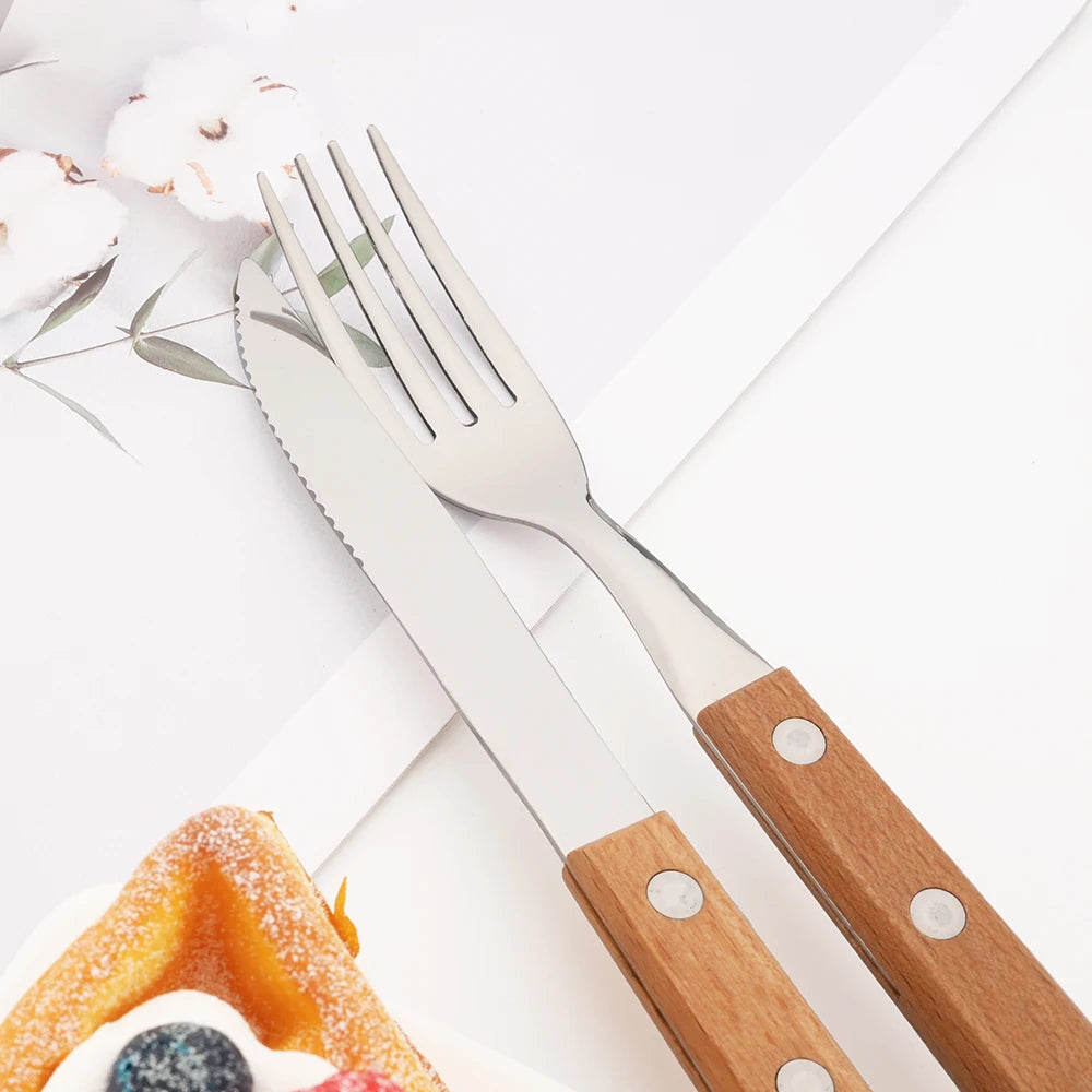 12Pcs Natural Wood Handle Silver Forks Cutlery Set Stainless Steel Flatware Dinner Fork Dinnerware Home Kitchen Silverware Set