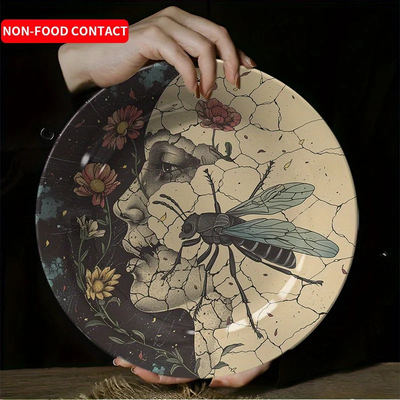1pc Insect Art Ceramic Decorative Plate Cracked Glaze Design Home Tabletop Decor Non-Food ContactFor Home, Living Room, Study,