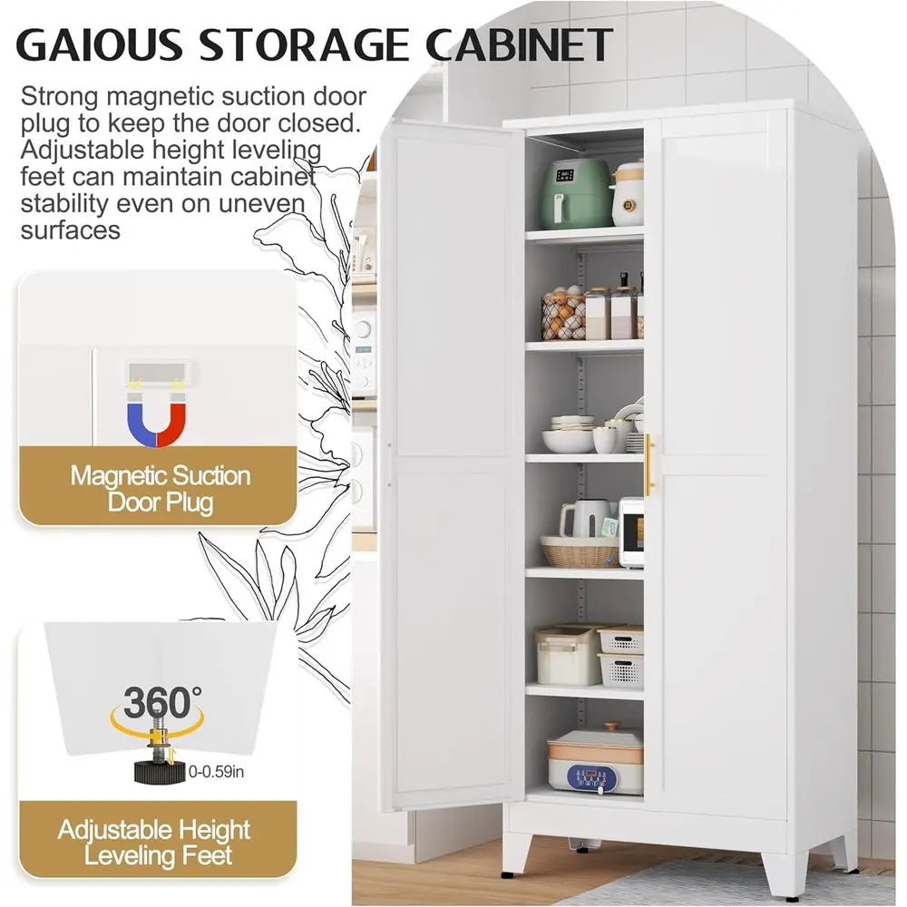 75.2" Tall Metal Kitchen Pantry Storage Cabiwith 2 Door and 5 Adjustable Shelves, Cupboard or Kitchen, Dining Room, Living Room