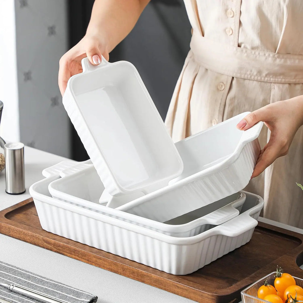 Casserole Dishes for Oven, Porcelain Baking Dishes, Ceramic Bakeware Sets of 4, Rectangular Lasagna Pans Deep with Hand