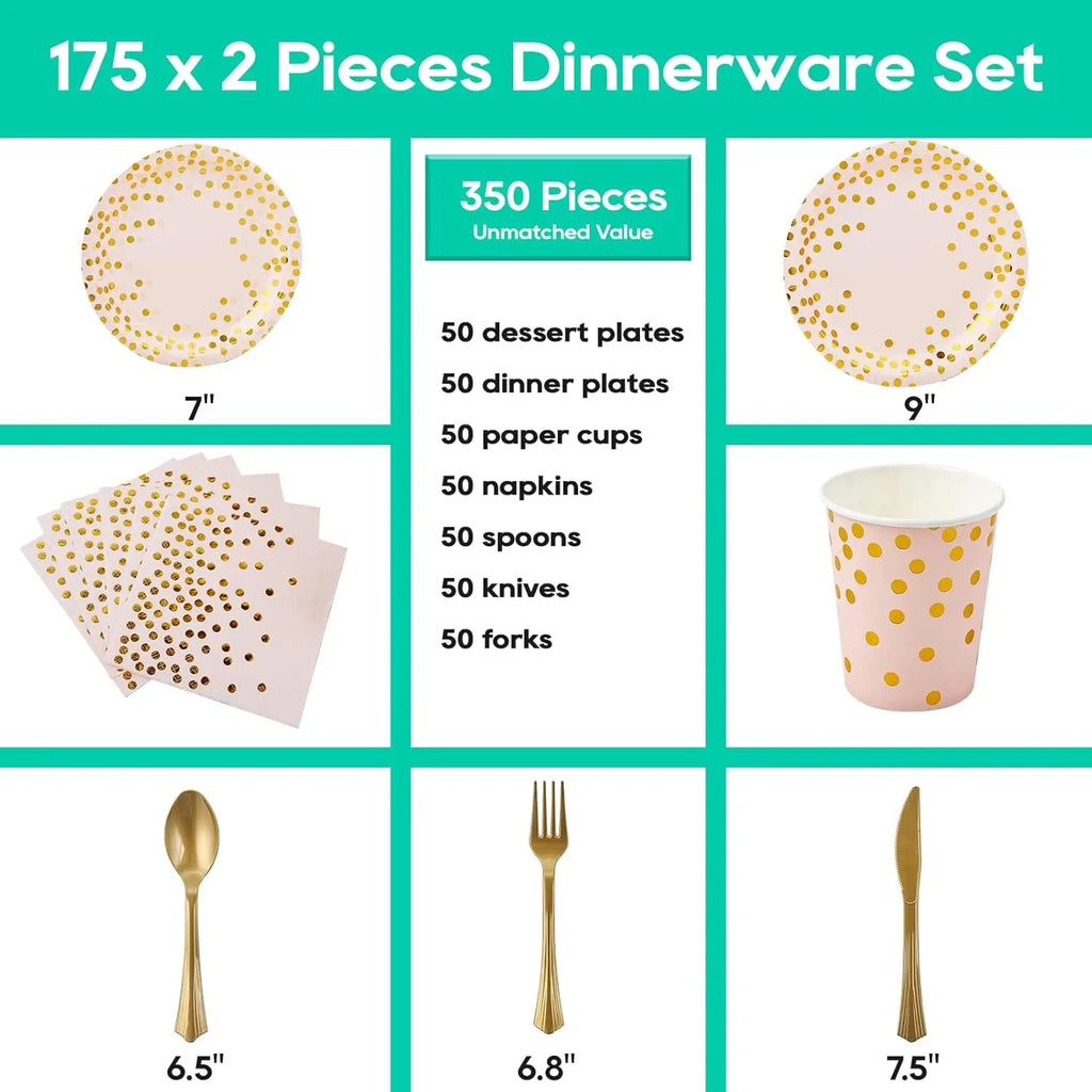 Pink and Gold Party Supplies - 350 PCS Disposable Dinnerware Set - Pink Paper Plates Napkins Cups, Gold Plastic Forks Knives