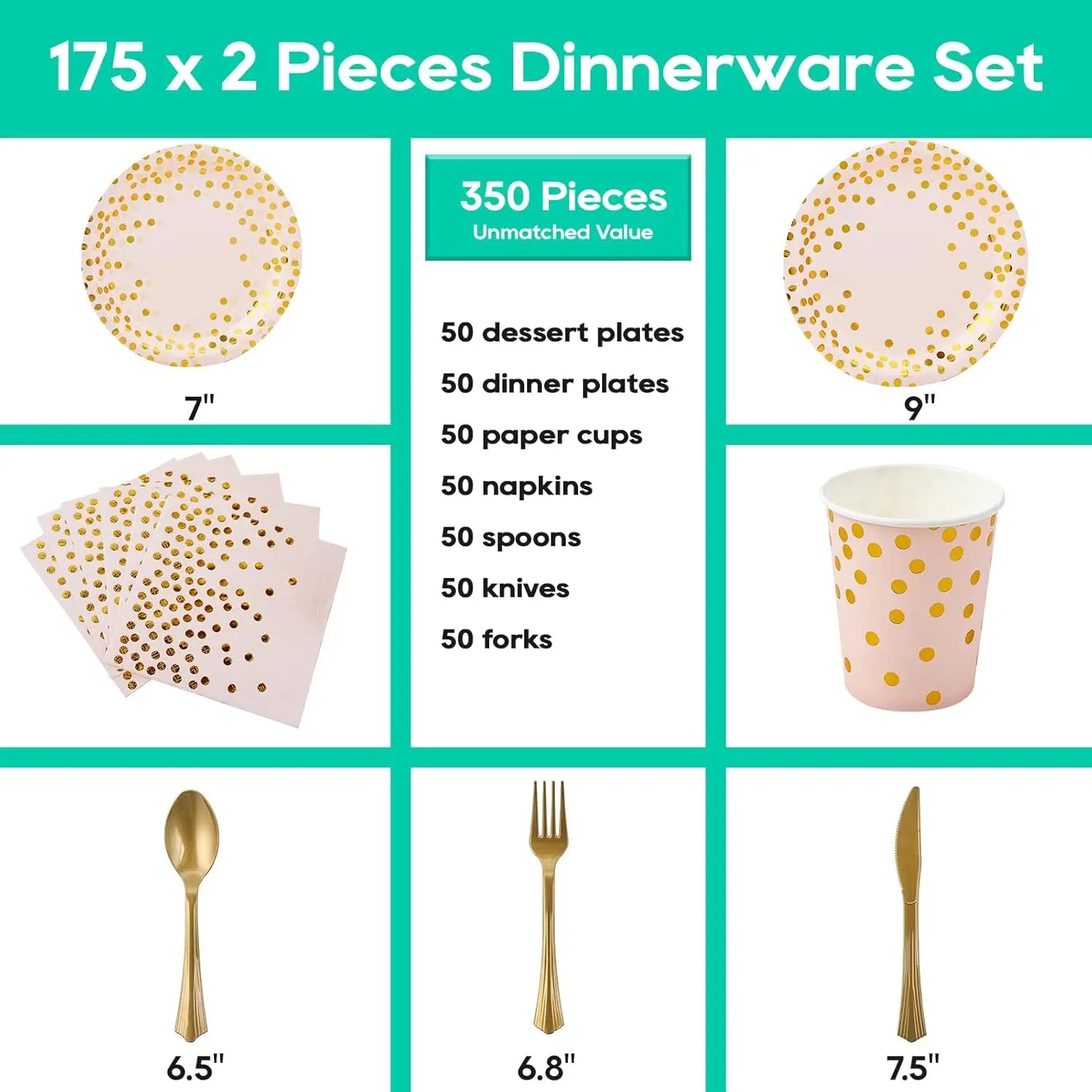 Pink and Gold Party Supplies - 350 PCS Disposable Dinnerware Set - Pink Paper Plates Napkins Cups, Gold Plastic Forks Knives