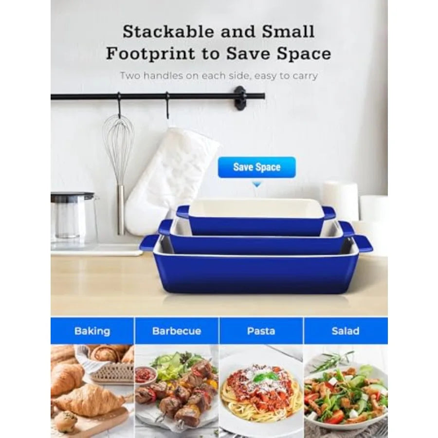 3Pcs Casserole Dish Ceramic Baking Dish Rectangular Baking Dishes for Oven Ceramic Bakeware with Handles Durable Nonstick Large