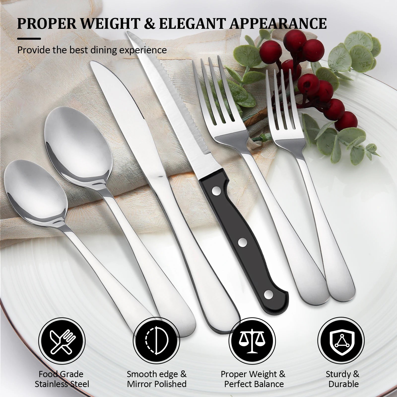 KOOMADE 48PCS Flatware Set Steak Knives Kitchen Utensils and Cutlery of High Quality Construction with Practical Metal  Handles