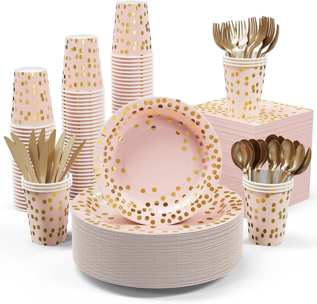 Pink and Gold Party Supplies - 350 PCS Disposable Dinnerware Set - Pink Paper Plates Napkins Cups, Gold Plastic Forks Knives