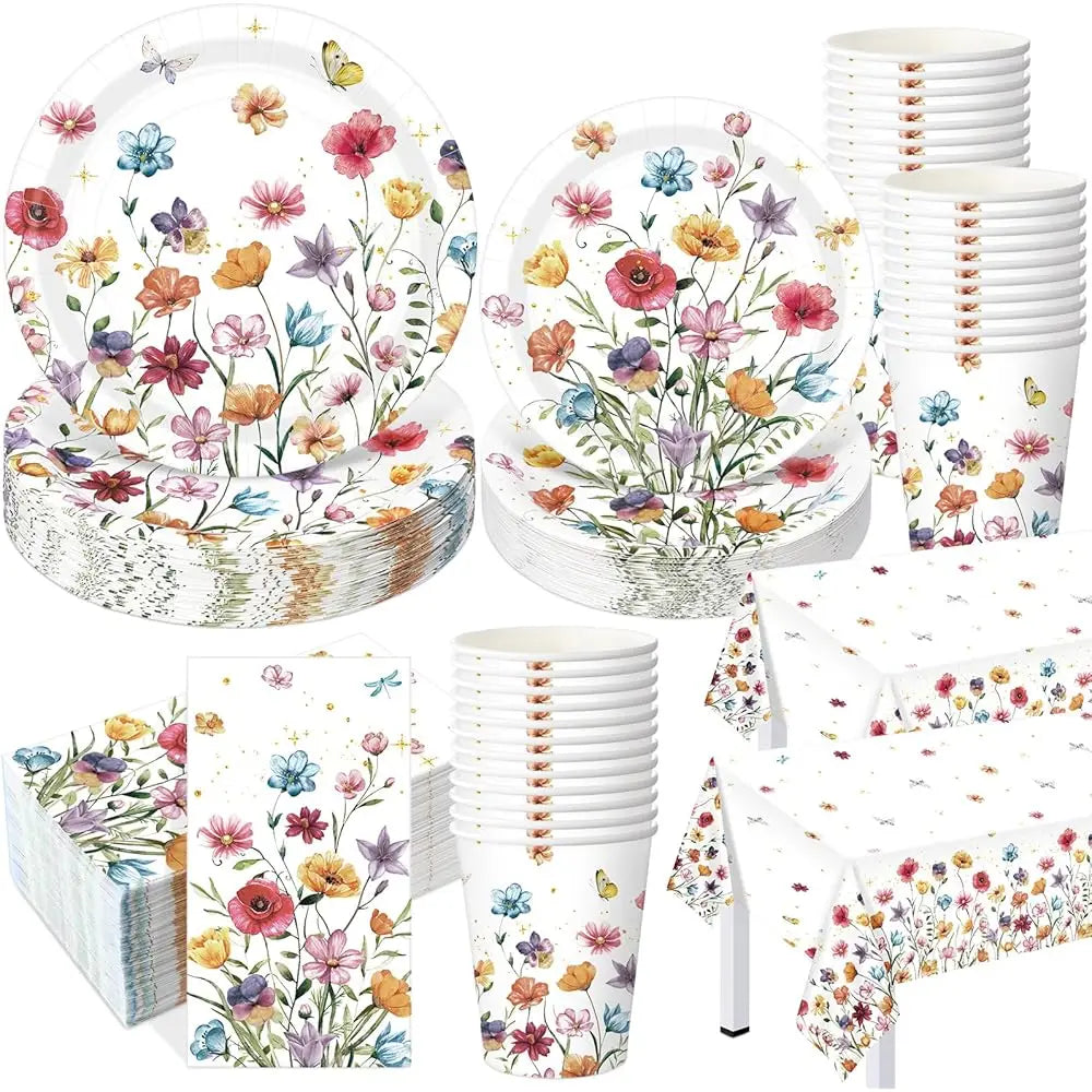 202 Pcs Wildflower Party Decoration Supplies Floral Paper Plates Napkins Cups Butterfly Wildflower Tablecloth For Autumn Summer