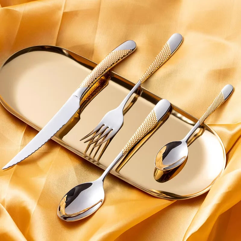 24pc star diamond cutlery set, stainless steel knife fork spoon tea spoon cutlery set, suitable for holiday parties.