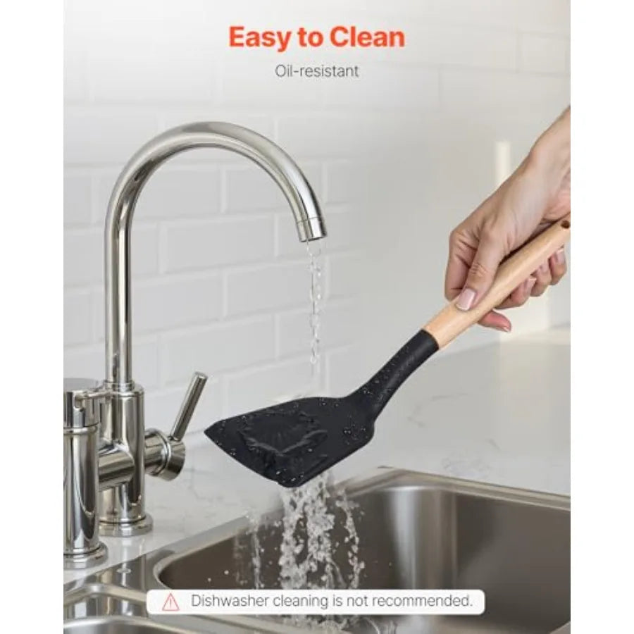 Kitchen Cooking Utensils Set 50 PCS Silicone Spatula Set with Holder 428°F Heat Resistant Gadget Spoons Tools Wooden Handle Hom